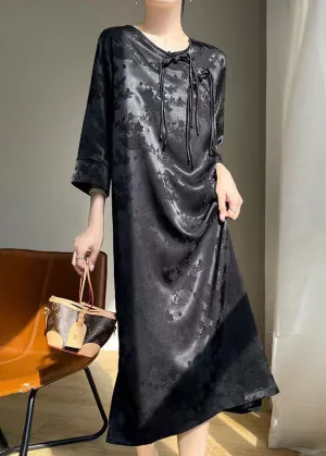 Elegant Black Chinese Button Solid Silk Dresses Fall AB1034