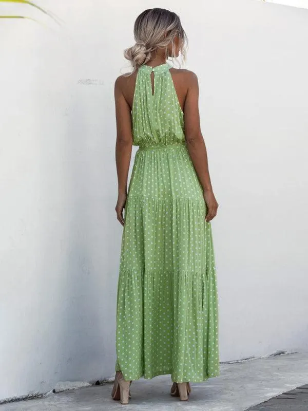 Elegant Dropped Sleeve Polka Dot Halter Dress