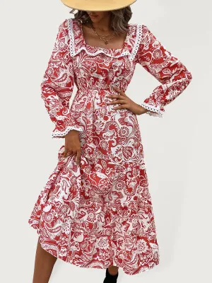 Elegant Floral Square Neck Dress with Long Sleeves for Women