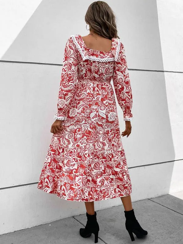 Elegant Floral Square Neck Dress with Long Sleeves for Women