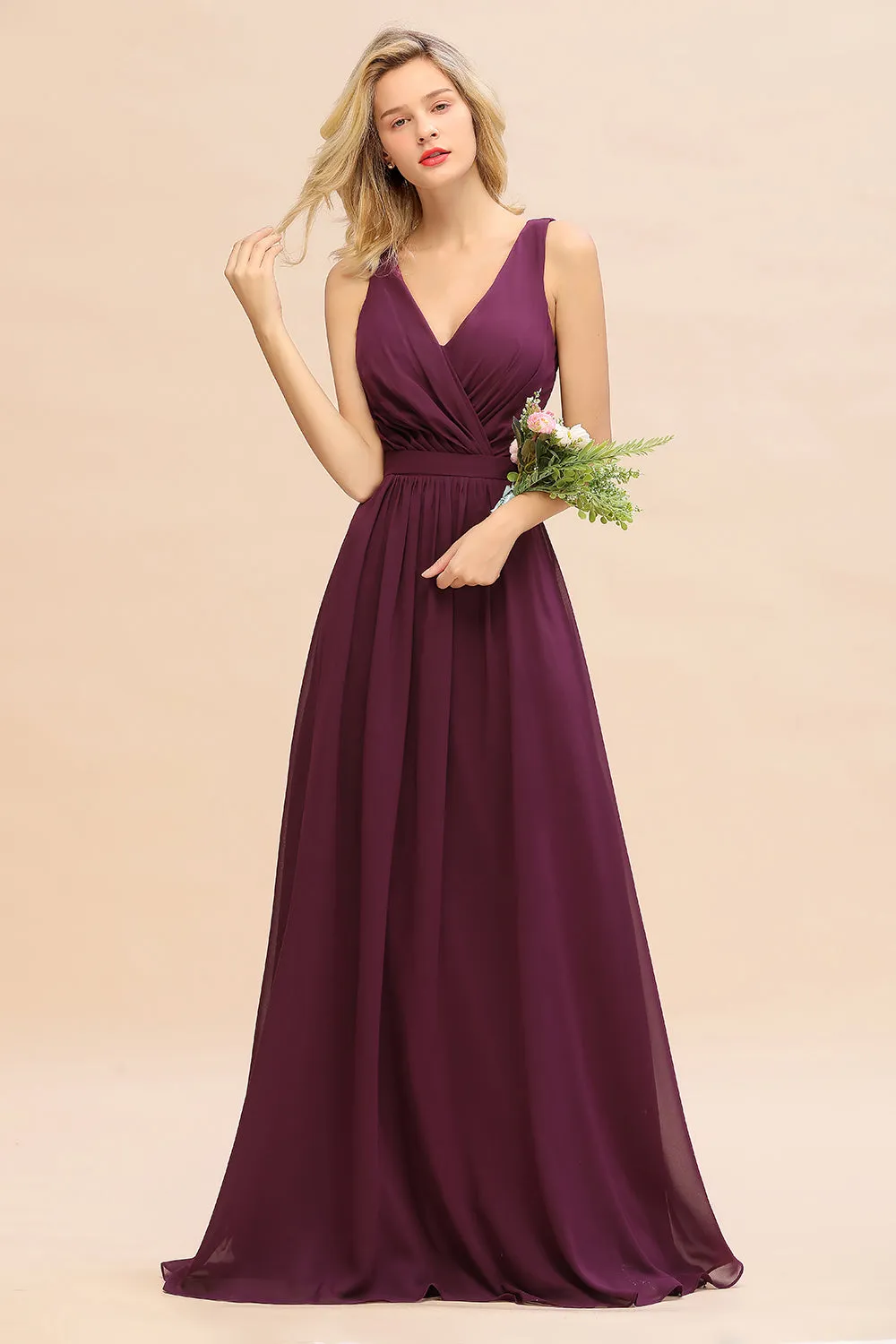 Elegant Long A-line Chiffon V-neck Bridesmaid Dress With Bowknot