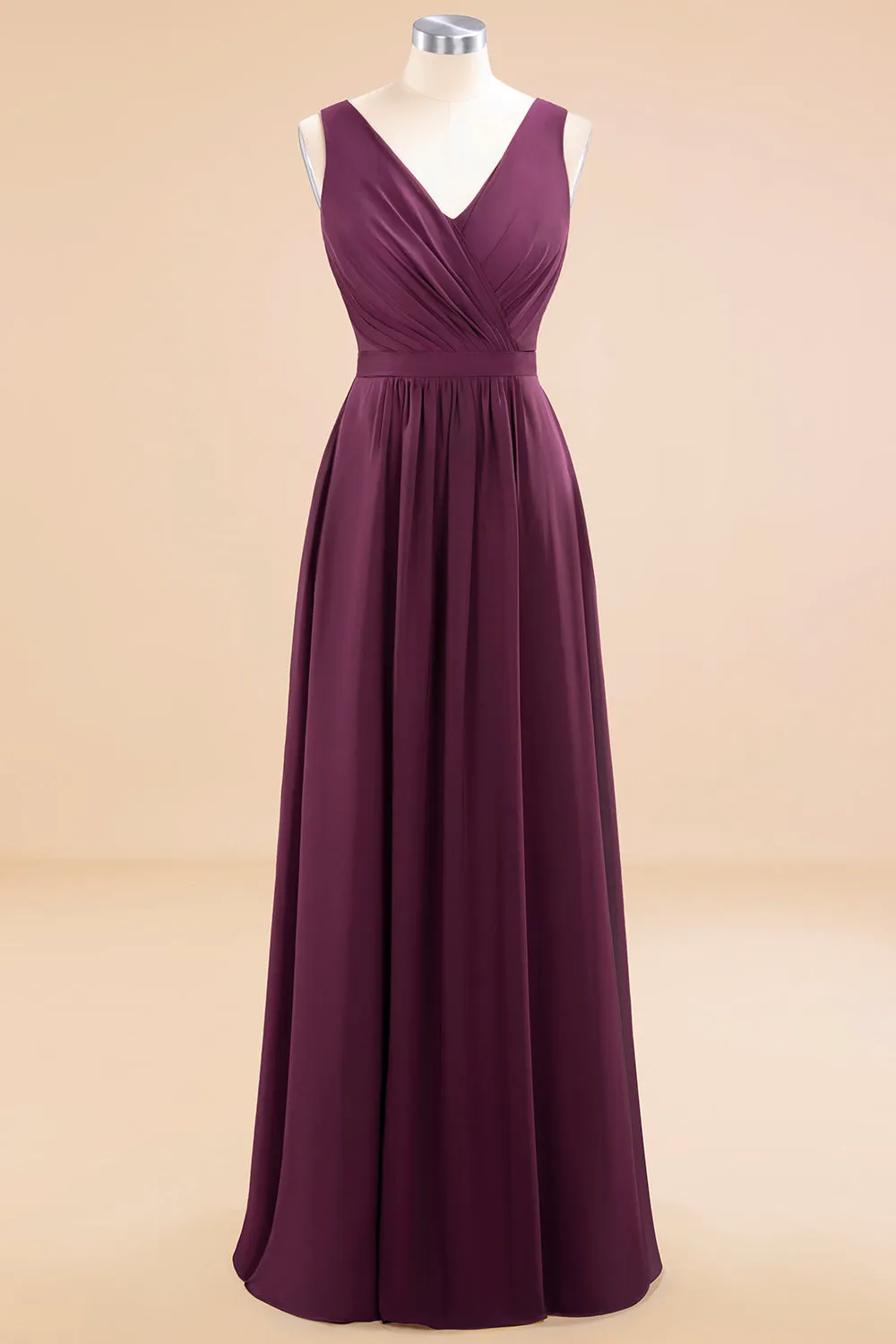 Elegant Long A-line Chiffon V-neck Bridesmaid Dress With Bowknot