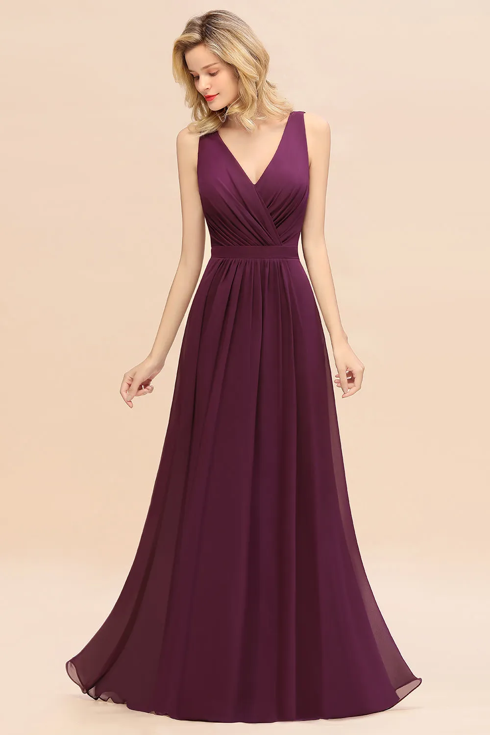 Elegant Long A-line Chiffon V-neck Bridesmaid Dress With Bowknot