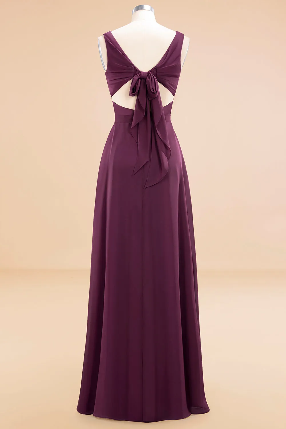 Elegant Long A-line Chiffon V-neck Bridesmaid Dress With Bowknot