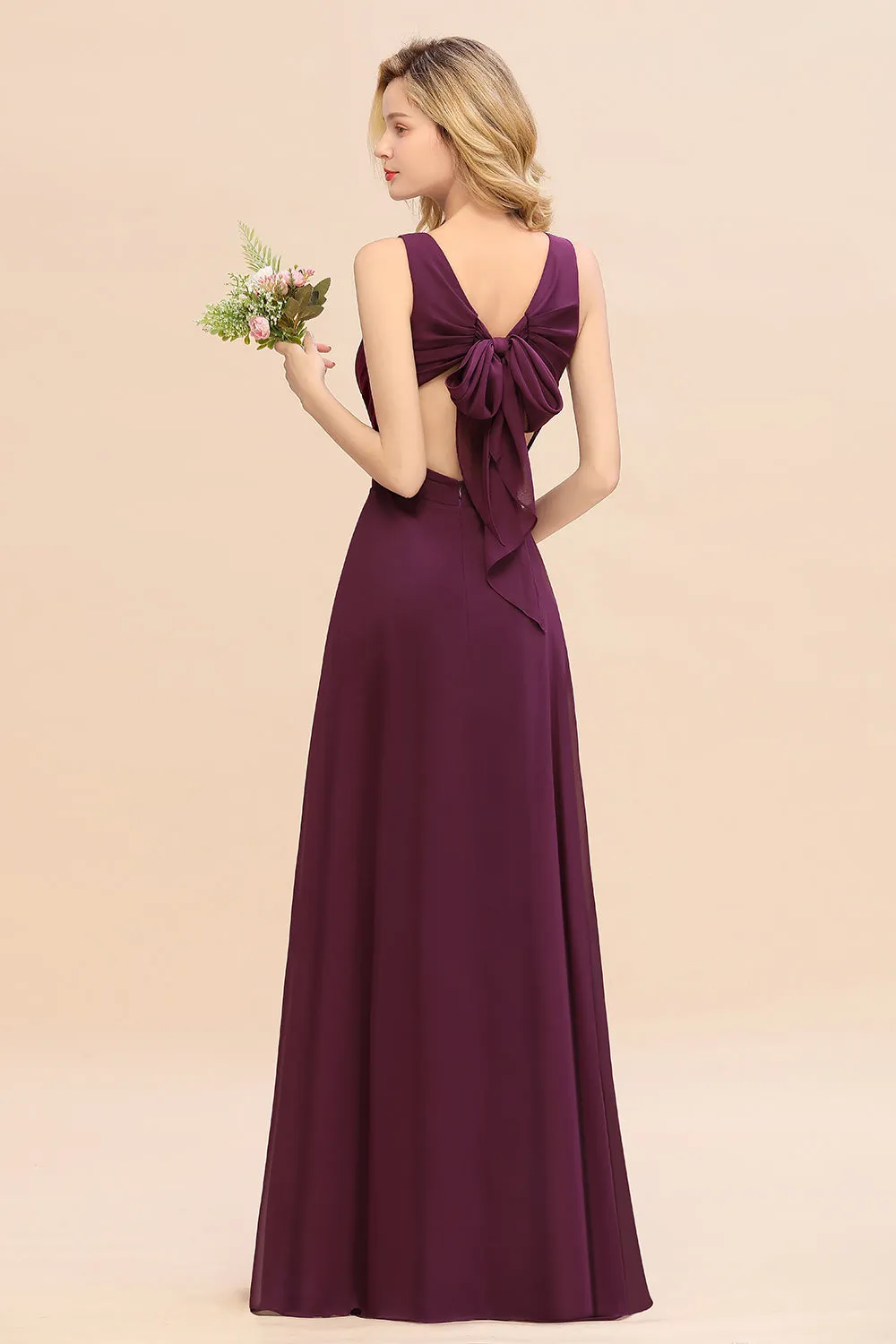 Elegant Long A-line Chiffon V-neck Bridesmaid Dress With Bowknot