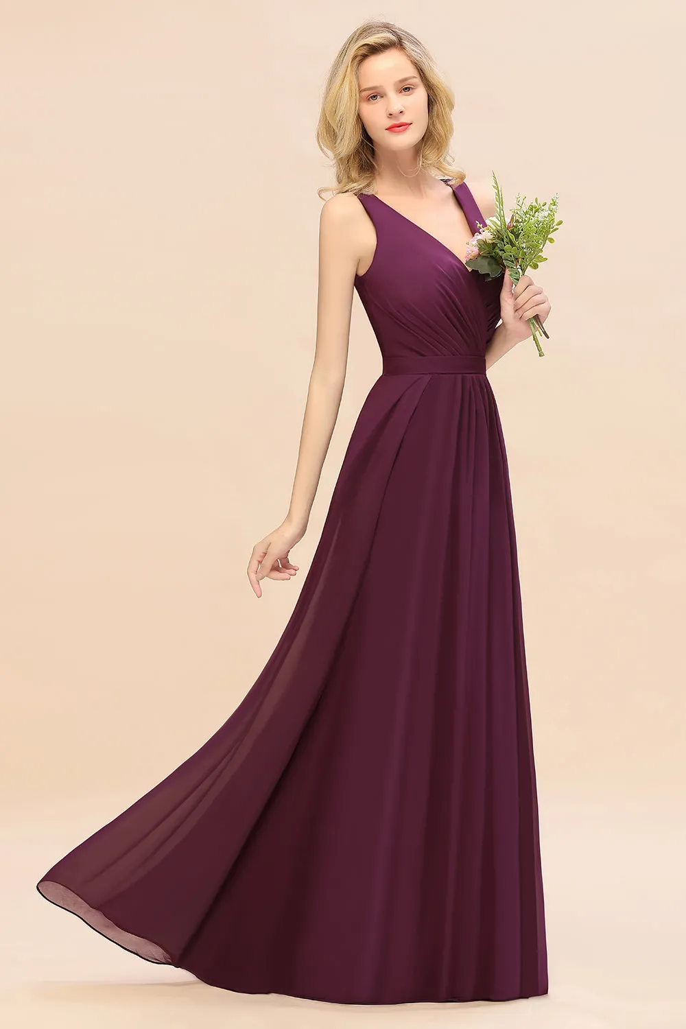 Elegant Long A-line Chiffon V-neck Bridesmaid Dress With Bowknot