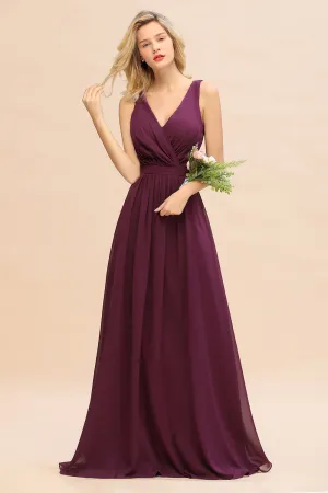 Elegant Long A-line Chiffon V-neck Bridesmaid Dress With Bowknot