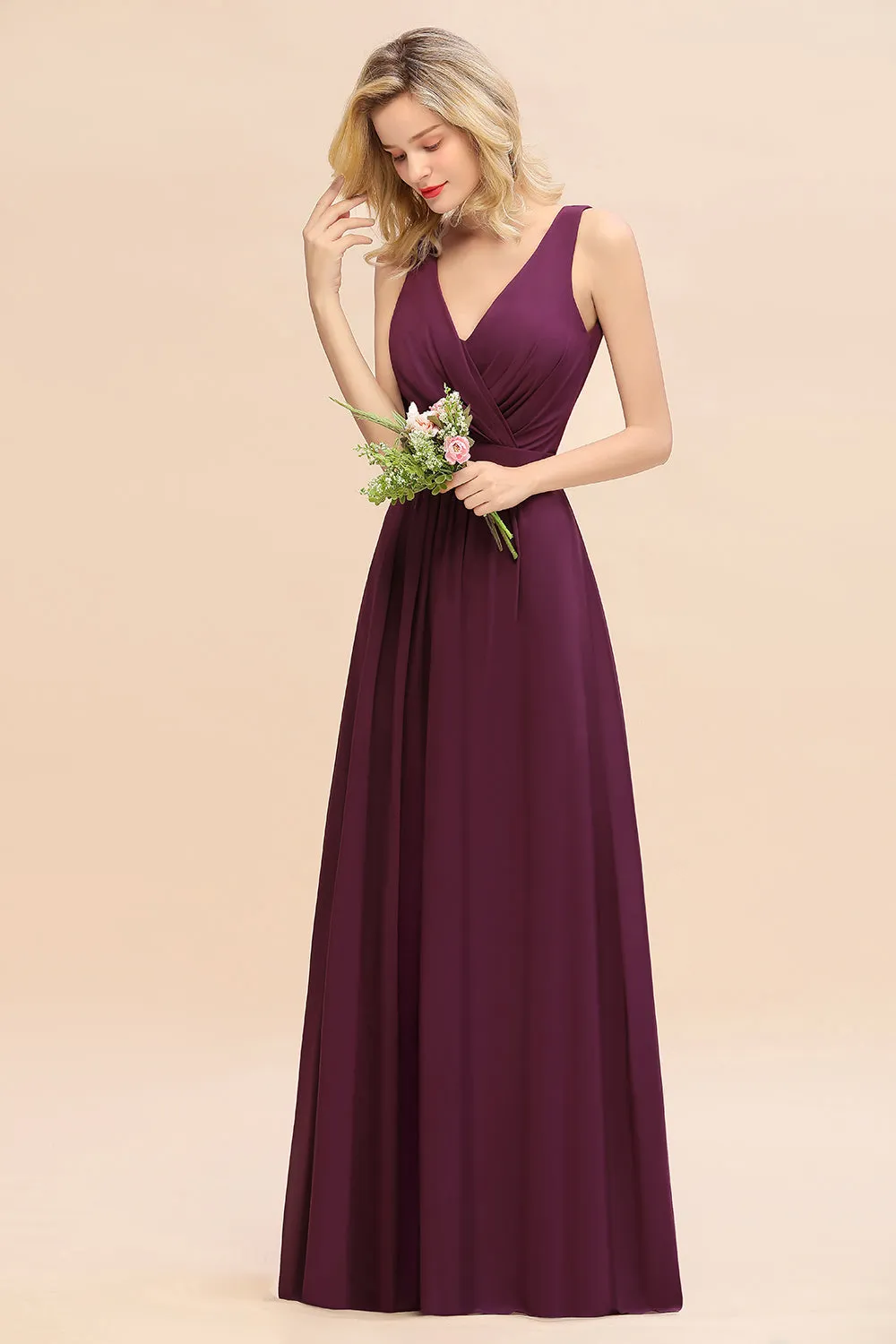 Elegant Long A-line Chiffon V-neck Bridesmaid Dress With Bowknot