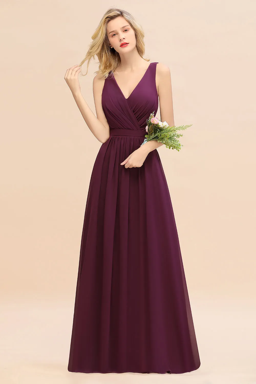 Elegant Long A-line Chiffon V-neck Bridesmaid Dress With Bowknot