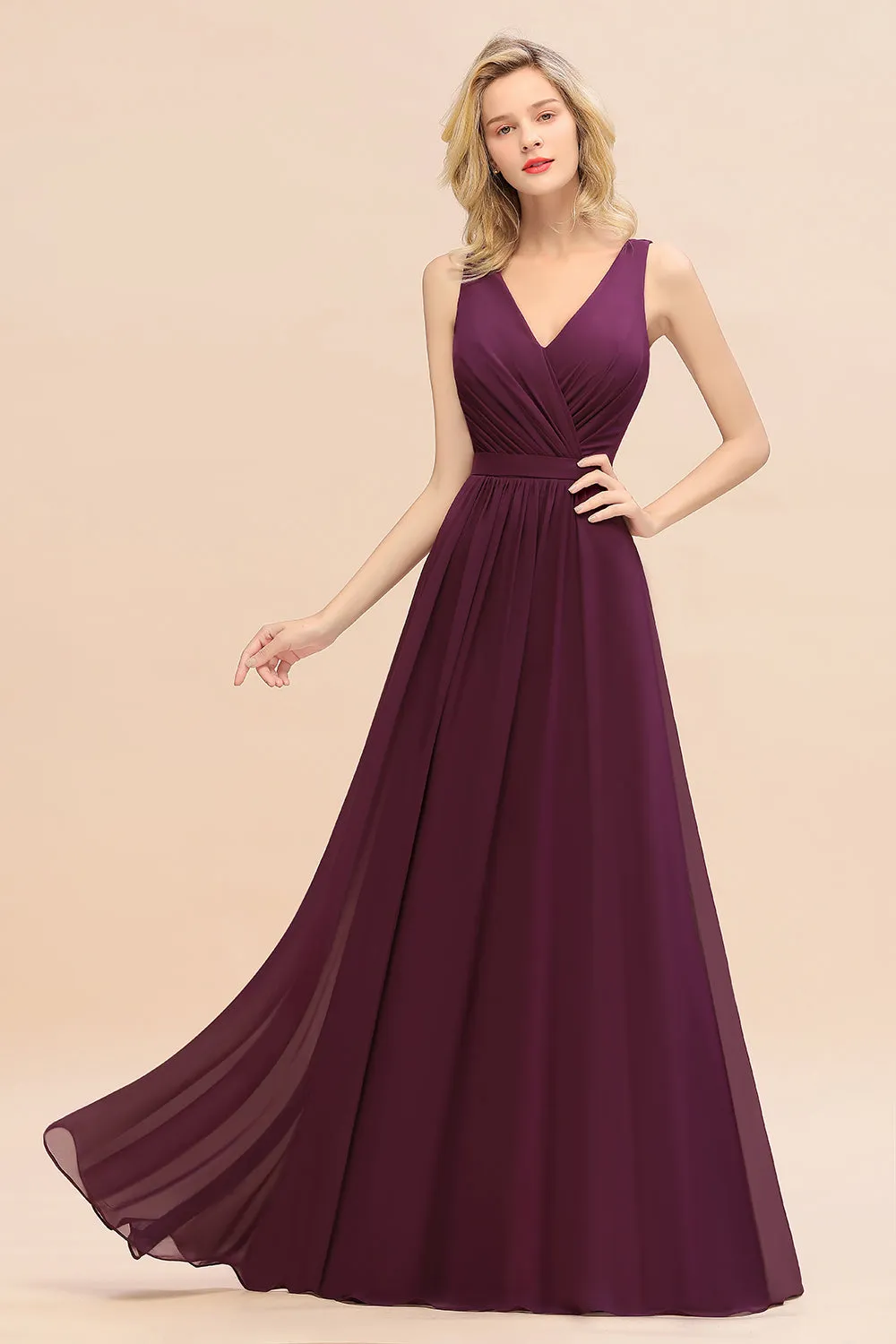 Elegant Long A-line Chiffon V-neck Bridesmaid Dress With Bowknot