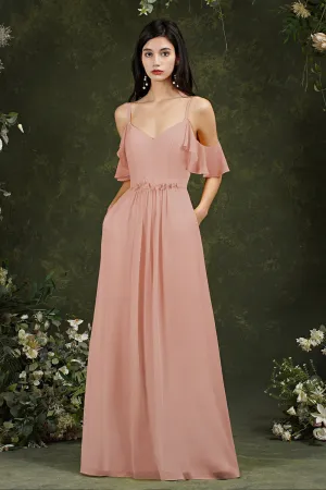 Elegant Long A-line Sweetheart Backless Chiffon Bridesmaid Dress With Pockets