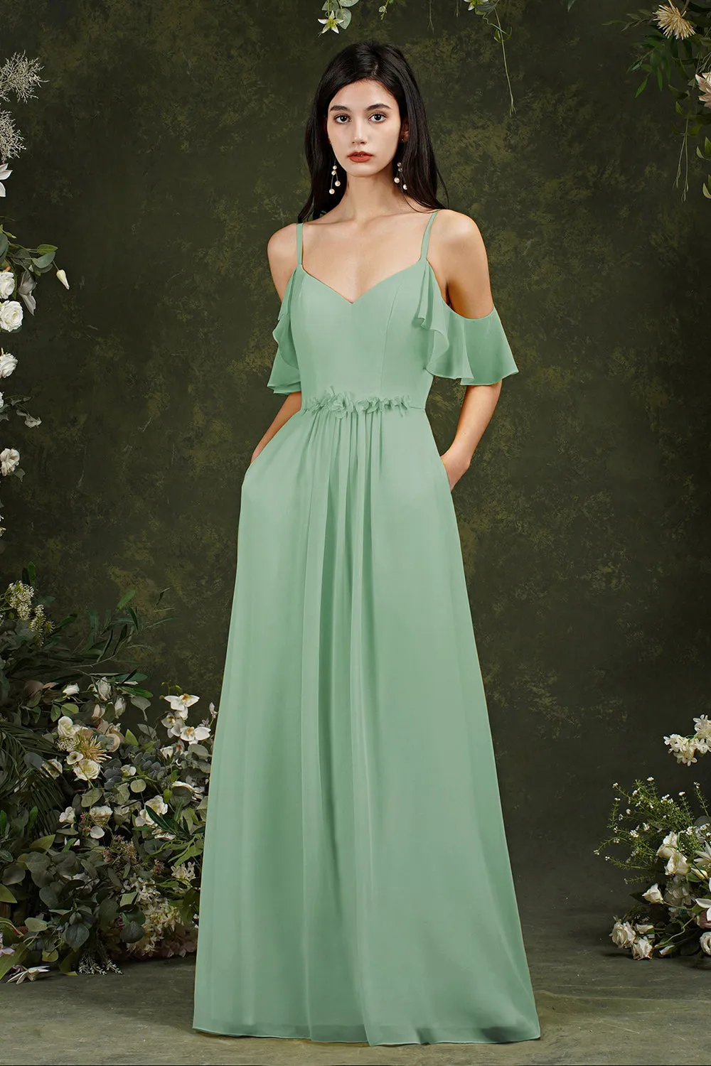 Elegant Long A-line Sweetheart Backless Chiffon Bridesmaid Dress With Pockets