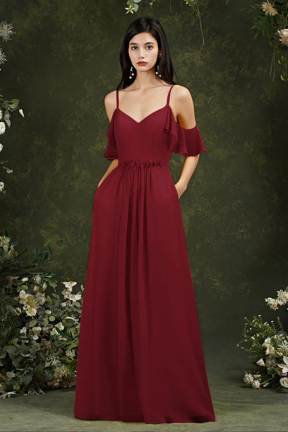 Elegant Long A-line Sweetheart Backless Chiffon Bridesmaid Dress With Pockets