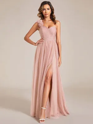 Elegant One Shoulder Maxi Tulle High Slit Dress In Pink
