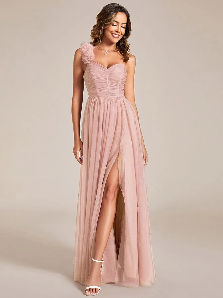 Elegant One Shoulder Maxi Tulle High Slit Dress In Pink