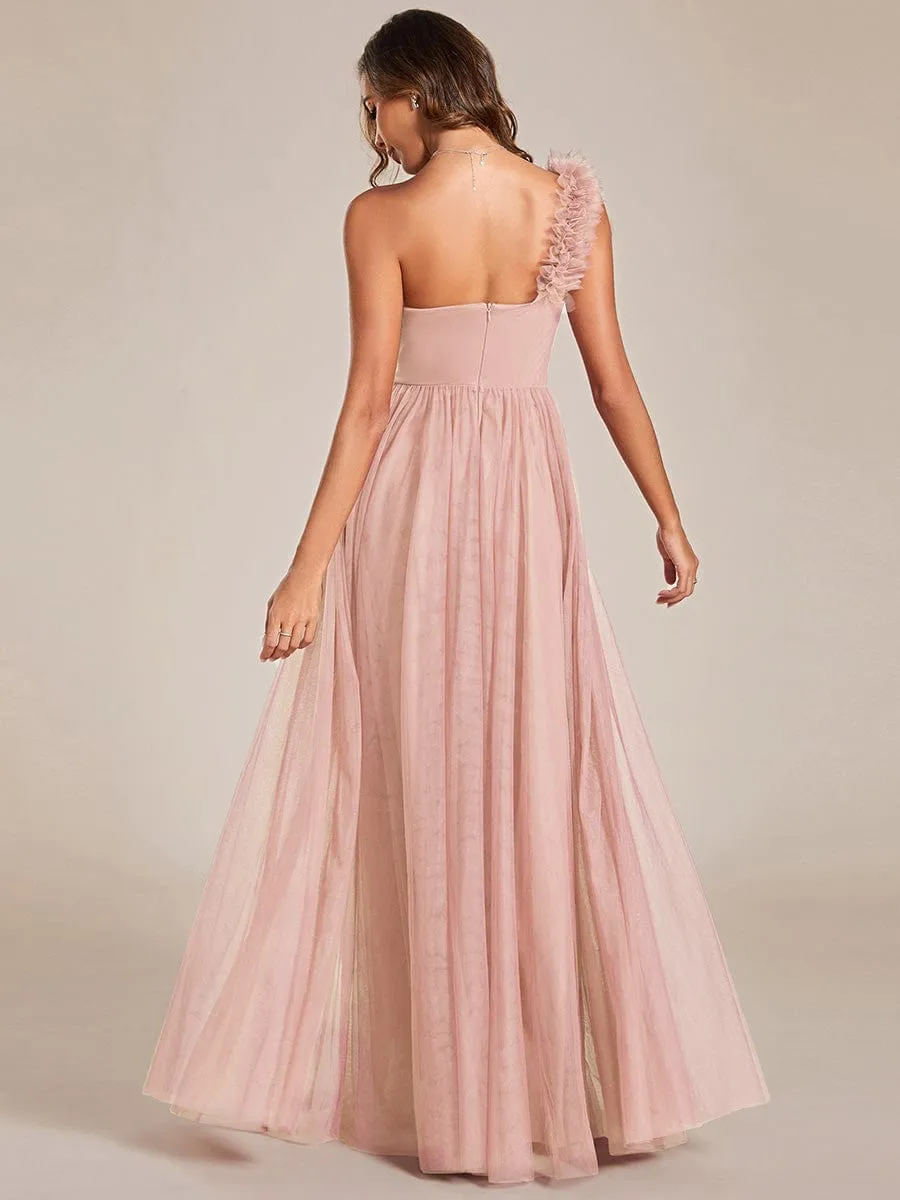 Elegant One Shoulder Maxi Tulle High Slit Dress In Pink