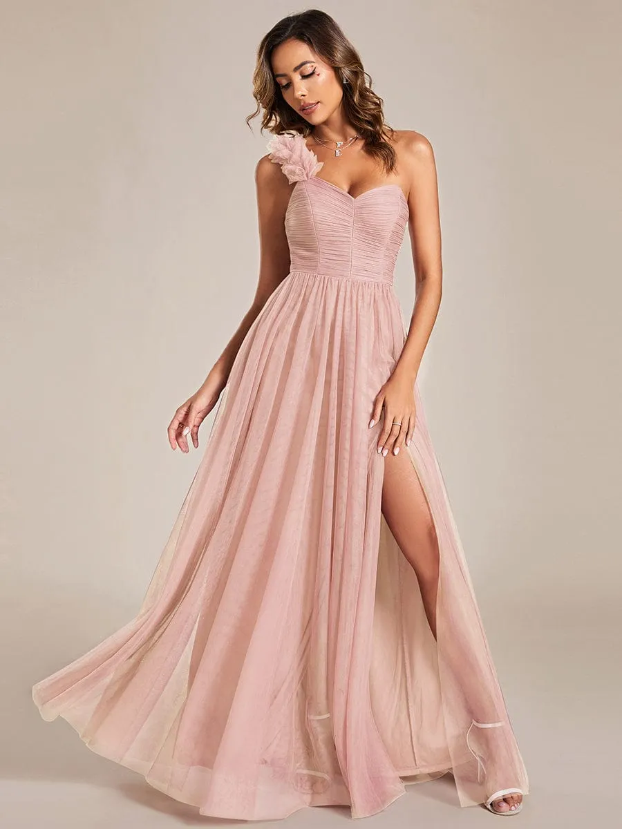 Elegant One Shoulder Maxi Tulle High Slit Dress In Pink