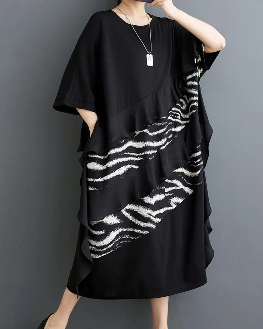 ellazhu Women's Black Lantern Dress Short Sleeves Crewneck Stripe Pockets GZ205
