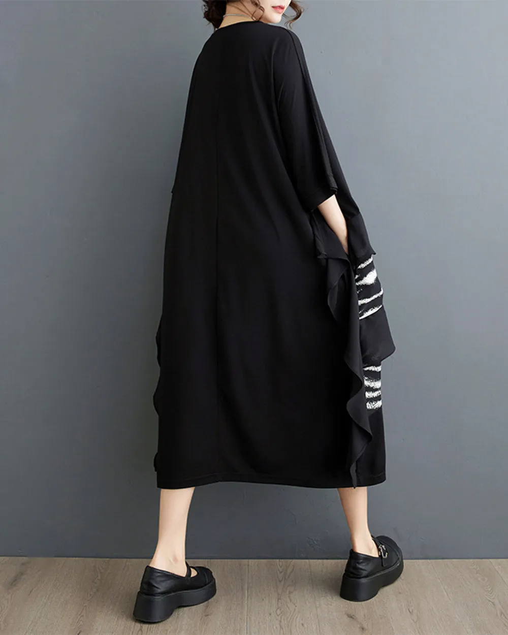 ellazhu Women's Black Lantern Dress Short Sleeves Crewneck Stripe Pockets GZ205