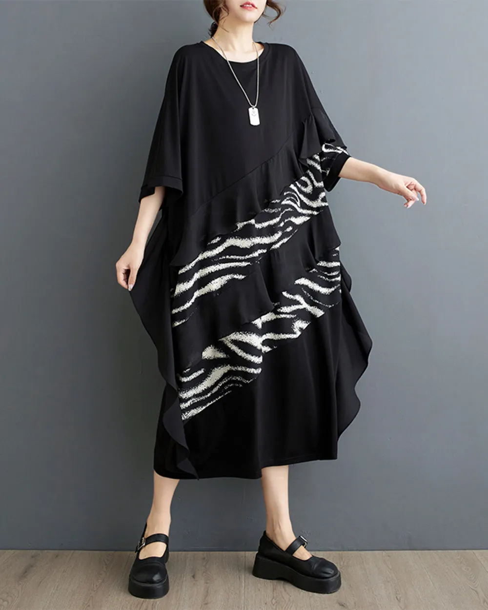 ellazhu Women's Black Lantern Dress Short Sleeves Crewneck Stripe Pockets GZ205