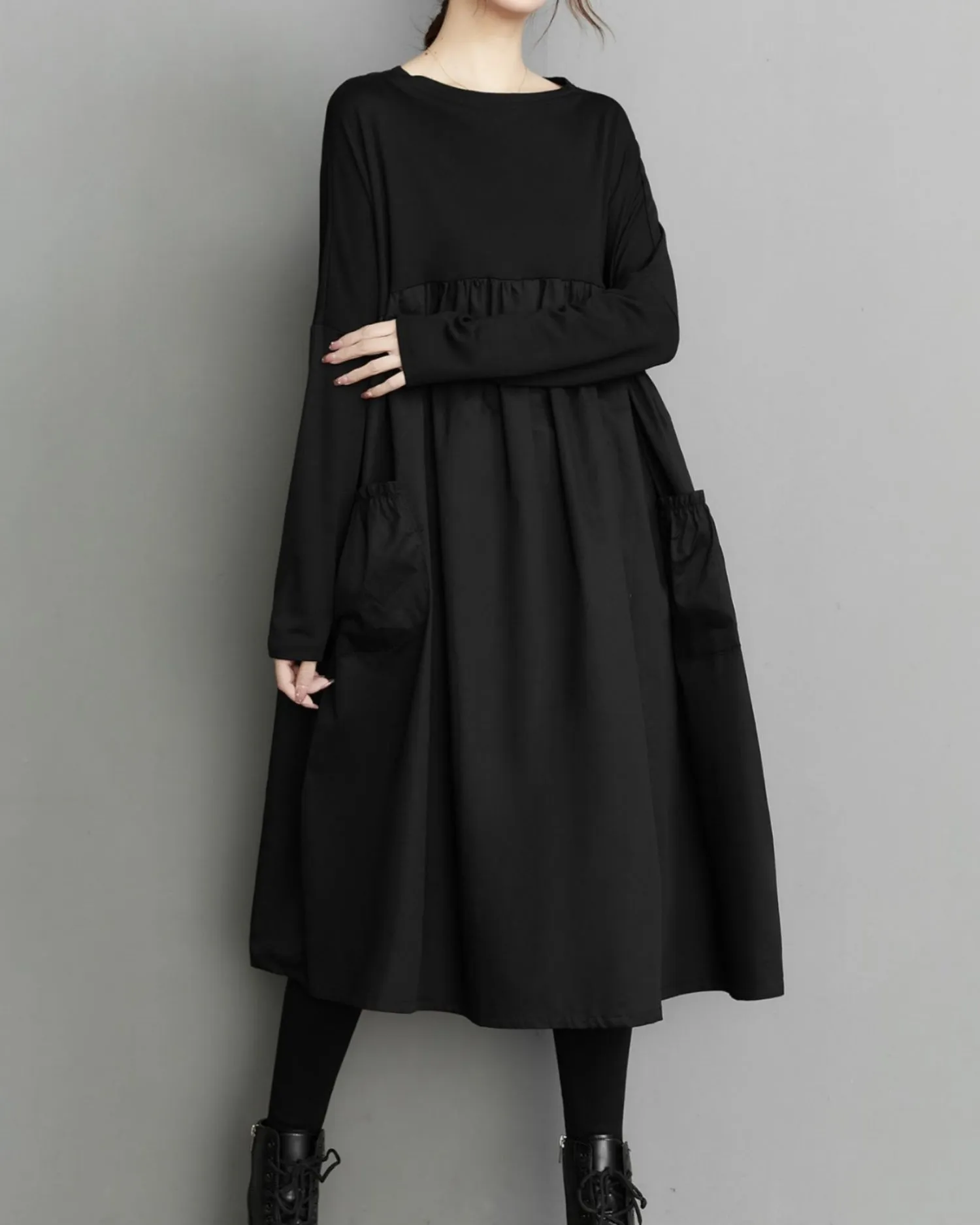 ellazhu Women's Casual Patchwork Solid Crew Neck Pullover Dress with Pockets GZ26