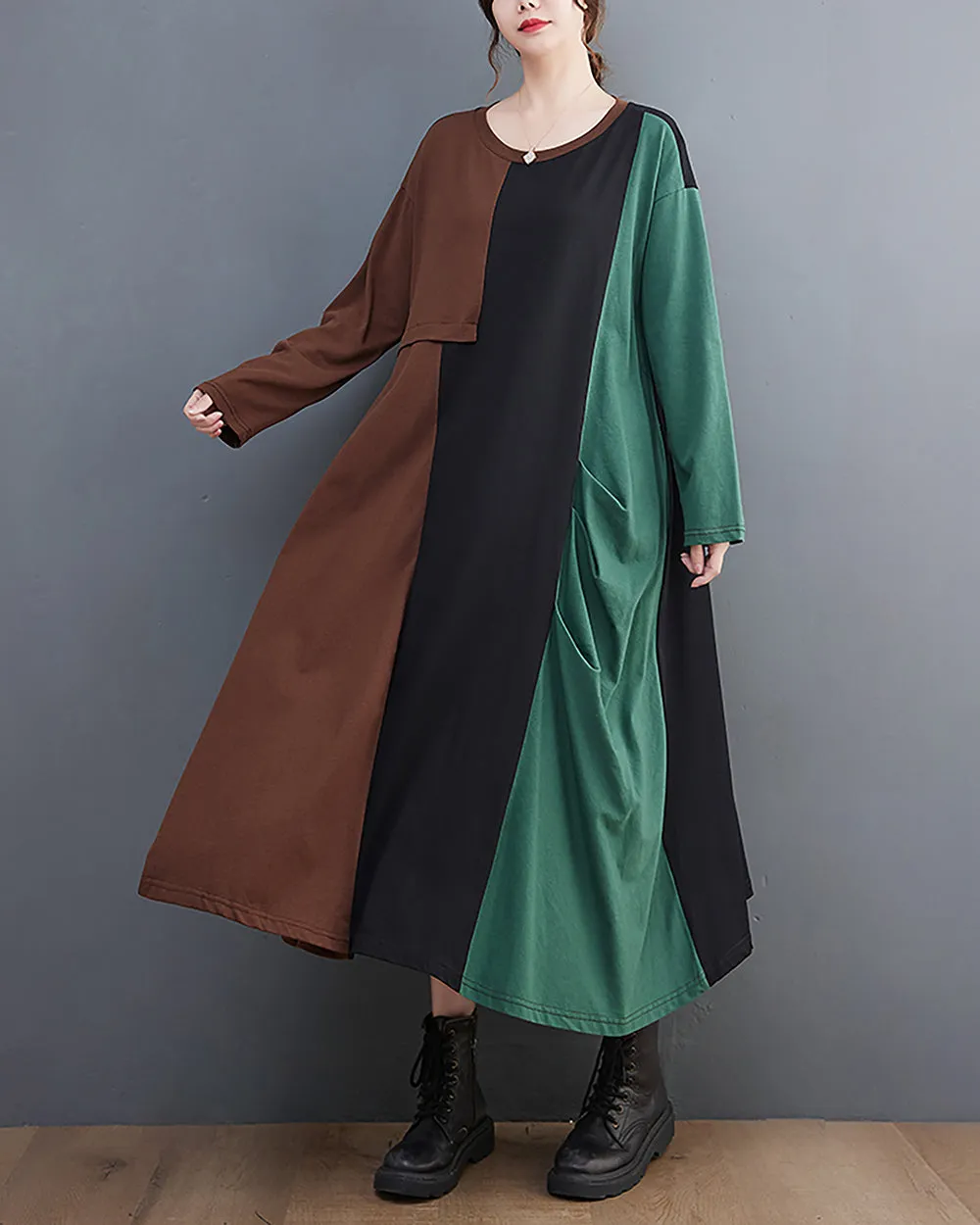 ellazhu Women's Dress Crewneck Long Sleeve Color Block Patchwork Flowy Irregualr Hem GZ259