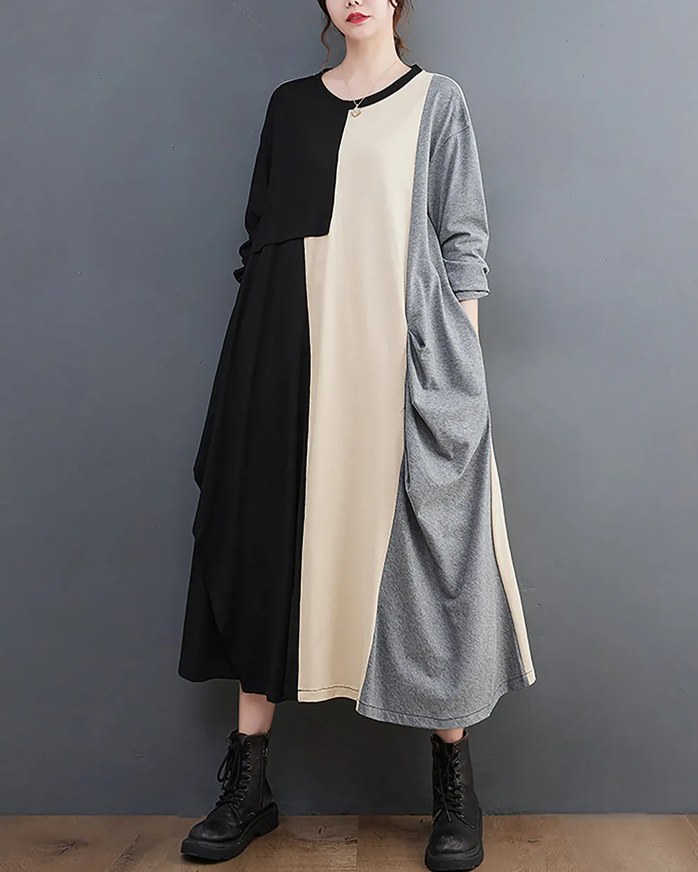 ellazhu Women's Dress Crewneck Long Sleeve Color Block Patchwork Flowy Irregualr Hem GZ259