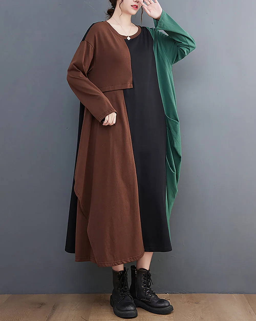 ellazhu Women's Dress Crewneck Long Sleeve Color Block Patchwork Flowy Irregualr Hem GZ259