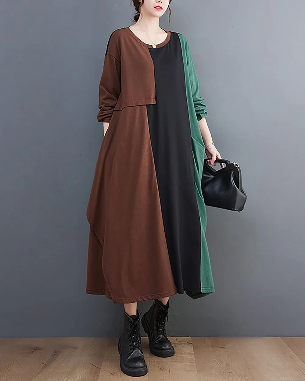 ellazhu Women's Dress Crewneck Long Sleeve Color Block Patchwork Flowy Irregualr Hem GZ259