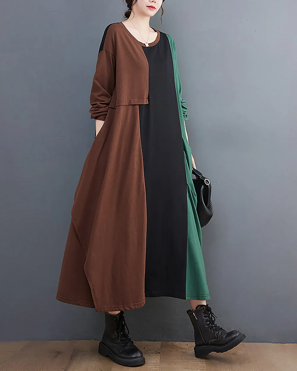 ellazhu Women's Dress Crewneck Long Sleeve Color Block Patchwork Flowy Irregualr Hem GZ259