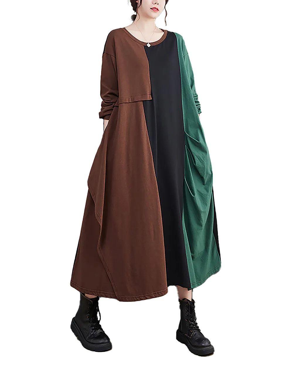 ellazhu Women's Dress Crewneck Long Sleeve Color Block Patchwork Flowy Irregualr Hem GZ259