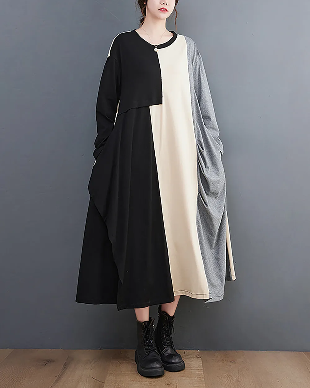 ellazhu Women's Dress Crewneck Long Sleeve Color Block Patchwork Flowy Irregualr Hem GZ259