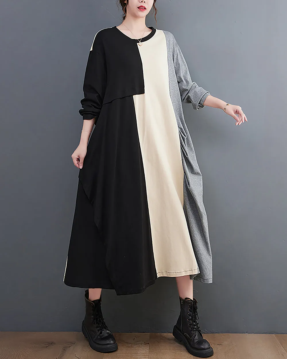 ellazhu Women's Dress Crewneck Long Sleeve Color Block Patchwork Flowy Irregualr Hem GZ259