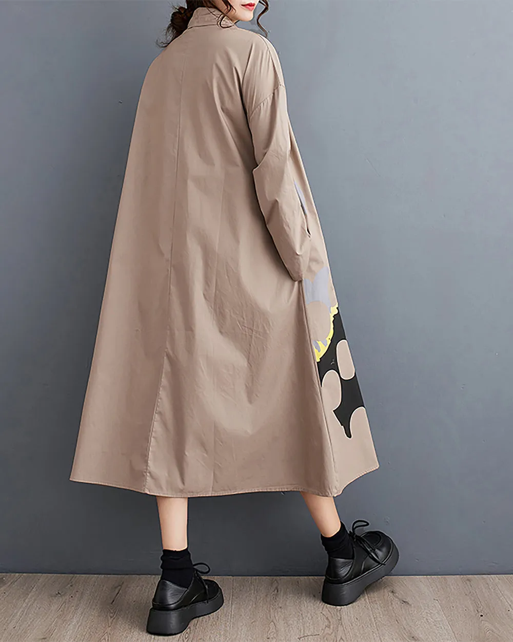 ellazhu Women's Dress Lapel Button Down Long Sleeve Flowy Hem Below Knee Loose Oversize Casual Fall GZ276