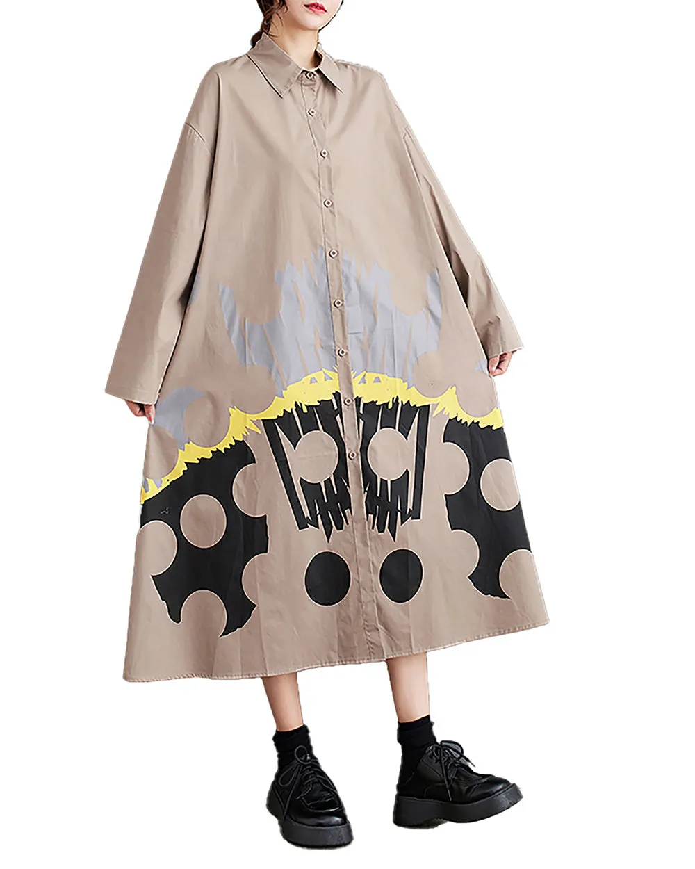 ellazhu Women's Dress Lapel Button Down Long Sleeve Flowy Hem Below Knee Loose Oversize Casual Fall GZ276