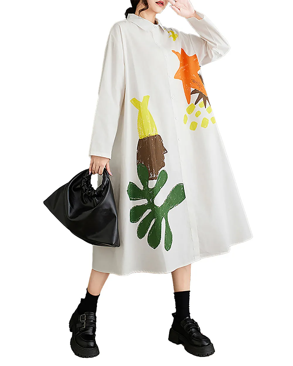 ellazhu Women's Dress Lapel Button Down Long Sleeve Flowy Hem Below Knee Loose Oversize Casual Fall GZ276