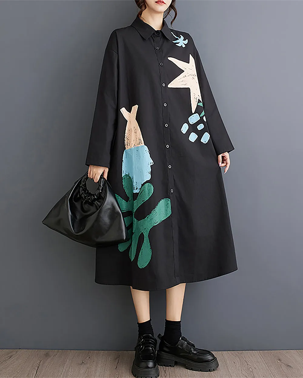 ellazhu Women's Dress Lapel Button Down Long Sleeve Flowy Hem Below Knee Loose Oversize Casual Fall GZ276