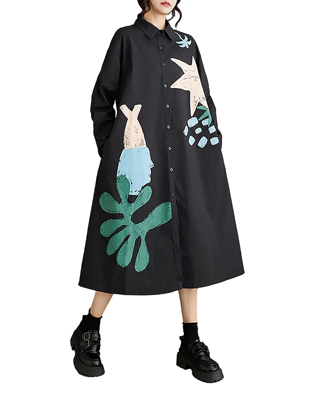 ellazhu Women's Dress Lapel Button Down Long Sleeve Flowy Hem Below Knee Loose Oversize Casual Fall GZ276