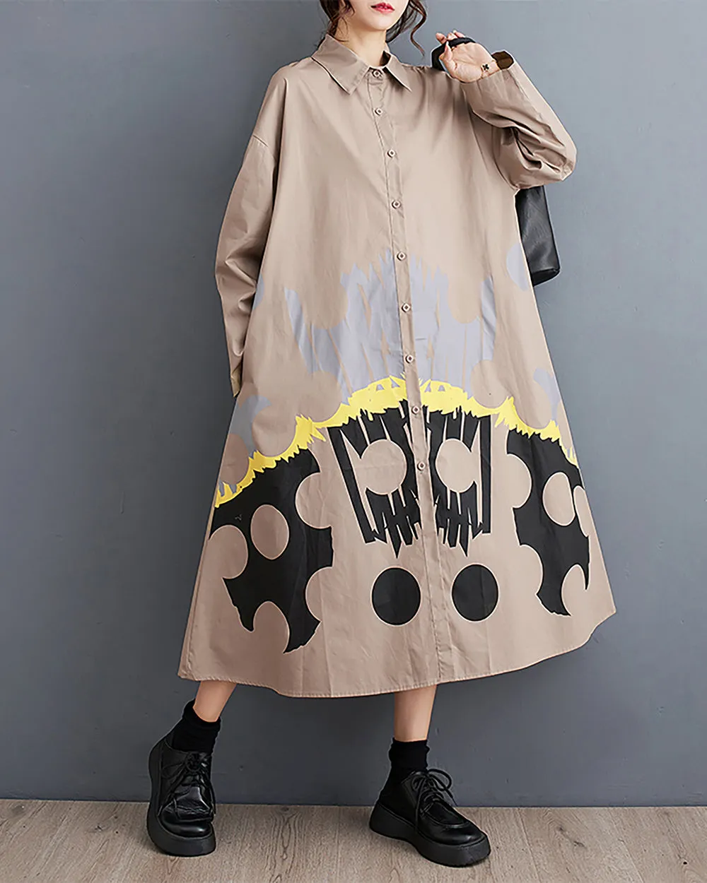 ellazhu Women's Dress Lapel Button Down Long Sleeve Flowy Hem Below Knee Loose Oversize Casual Fall GZ276