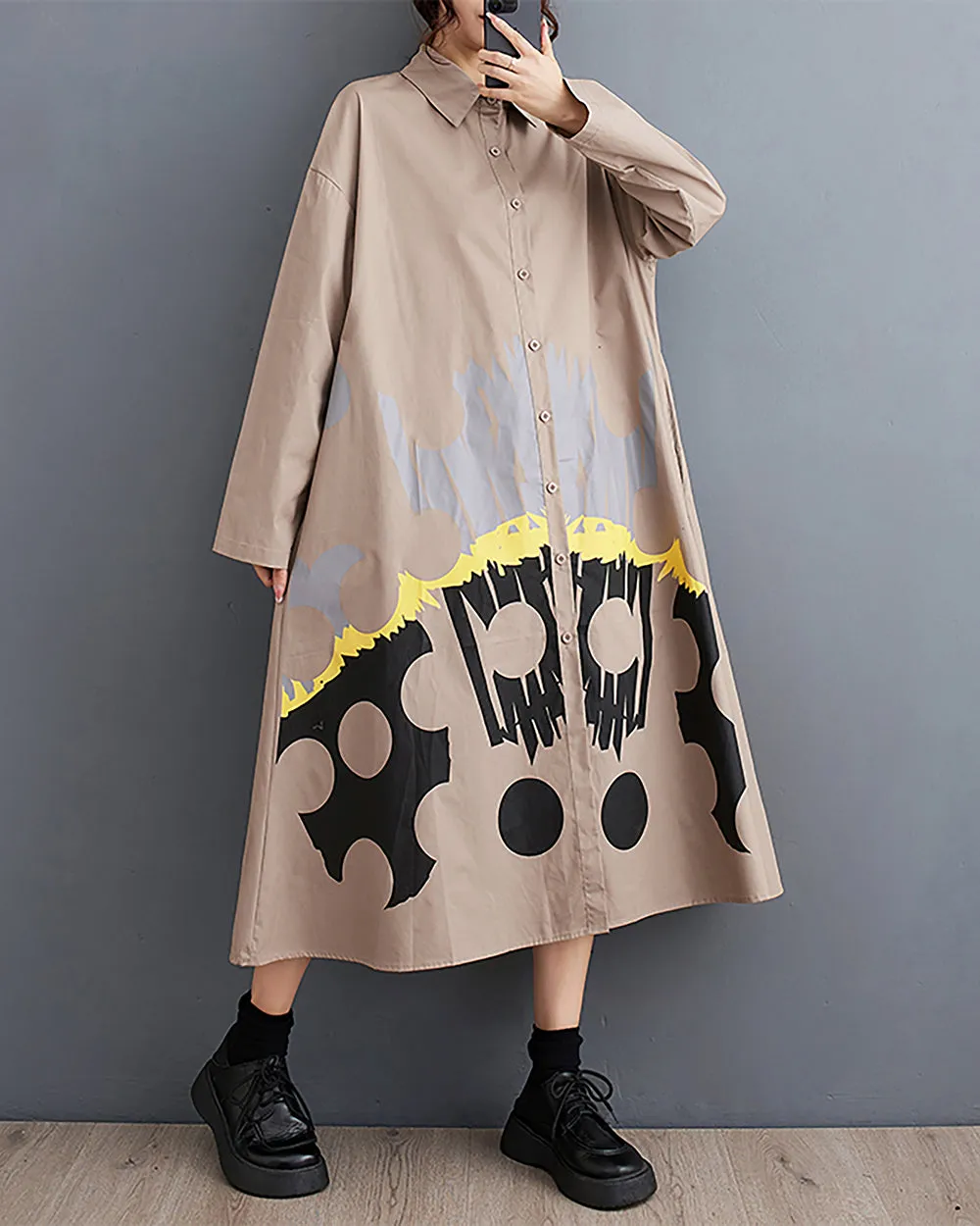 ellazhu Women's Dress Lapel Button Down Long Sleeve Flowy Hem Below Knee Loose Oversize Casual Fall GZ276