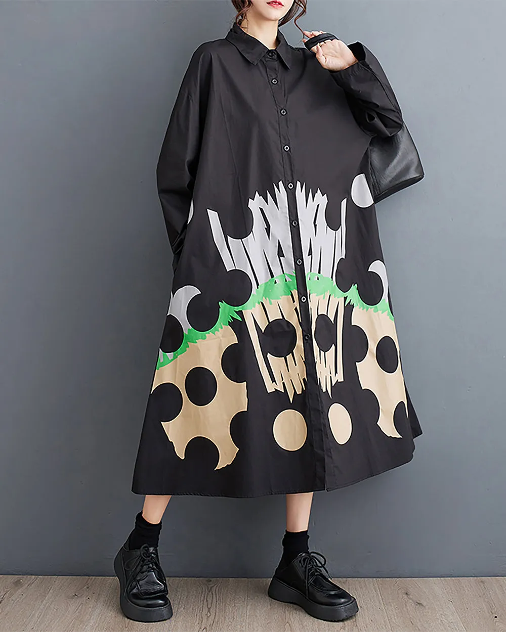 ellazhu Women's Dress Lapel Button Down Long Sleeve Flowy Hem Below Knee Loose Oversize Casual Fall GZ276