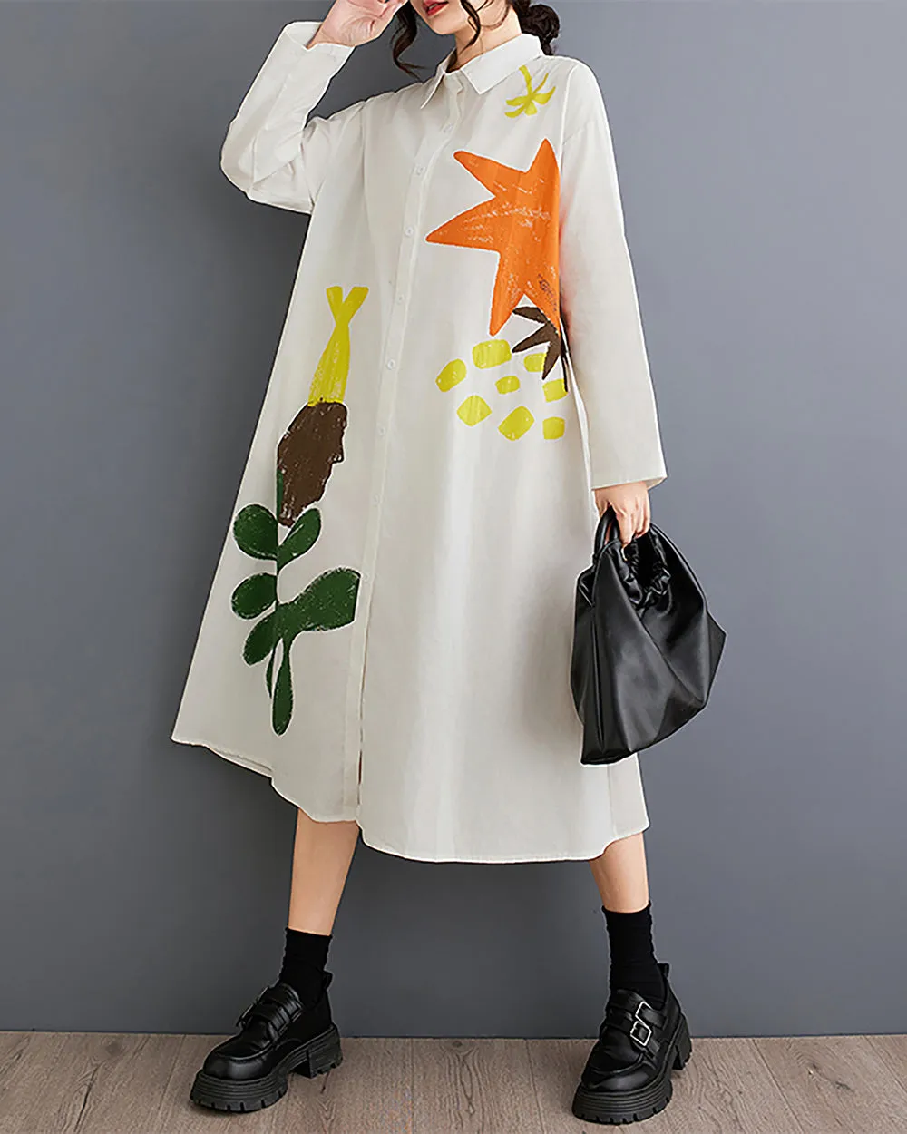 ellazhu Women's Dress Lapel Button Down Long Sleeve Flowy Hem Below Knee Loose Oversize Casual Fall GZ276
