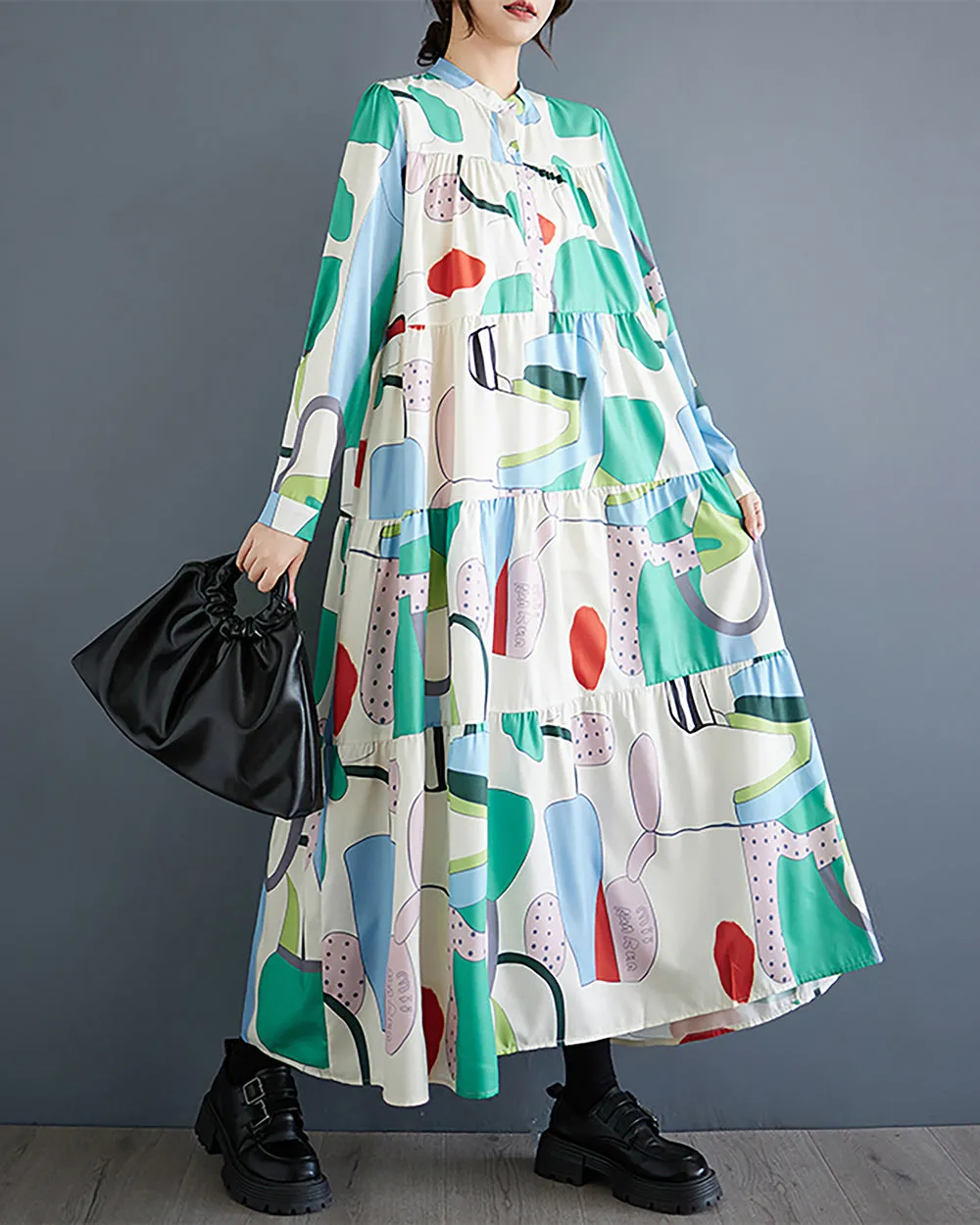 ellazhu Women's Dress Lapel Button Down Long Sleeve Random Pattern Patchwork Loose Oversize GZ295 Green