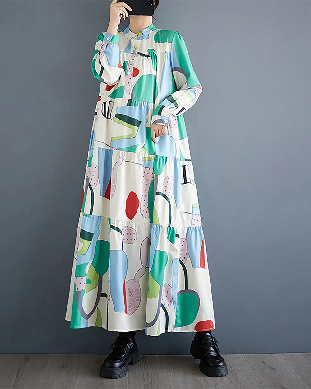 ellazhu Women's Dress Lapel Button Down Long Sleeve Random Pattern Patchwork Loose Oversize GZ295 Green