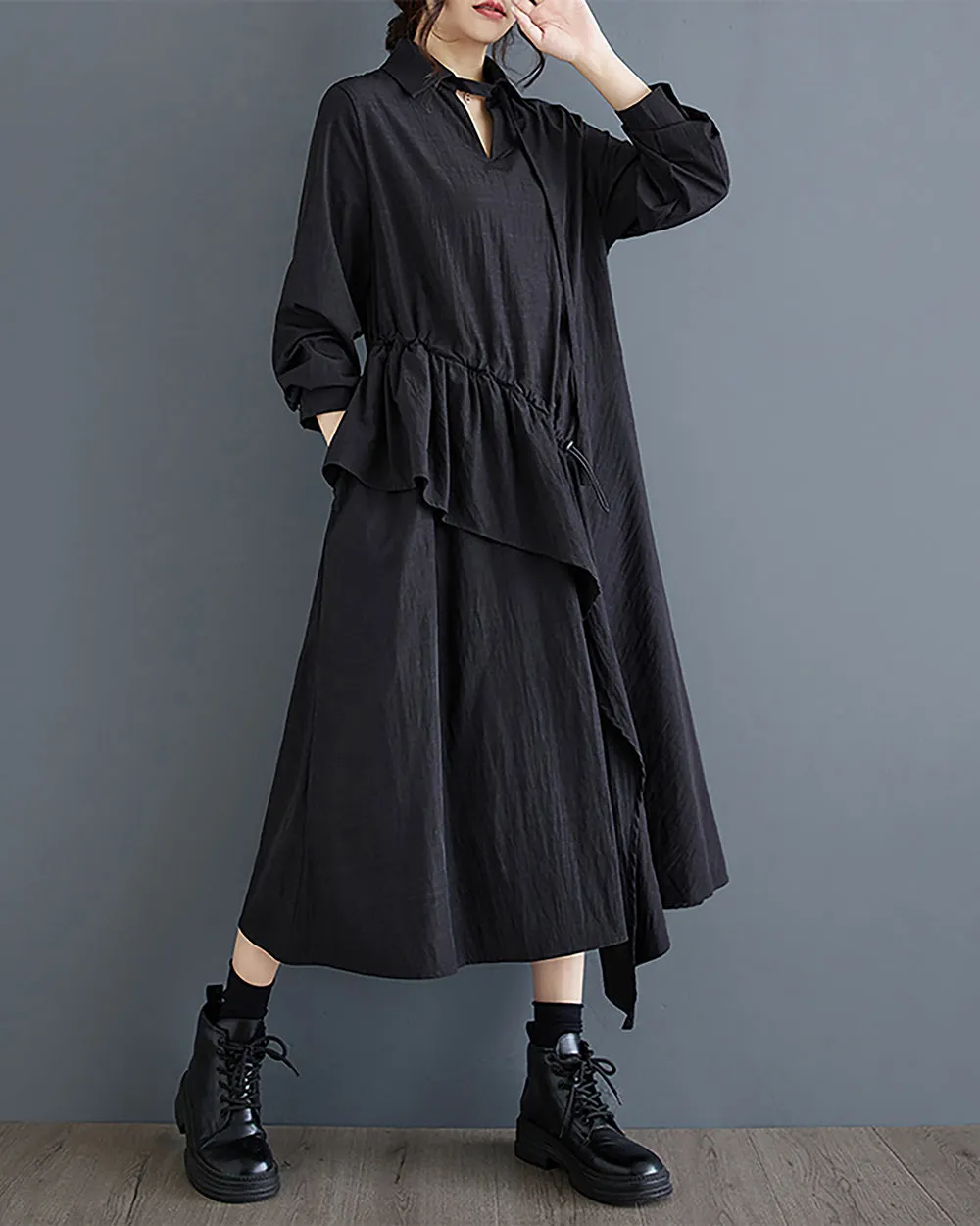 ellazhu Women's Dress Long Sleeve V-Neck Lapel Solid Flowy Hem Patchwork Drawstring Loose Oversize GZ287