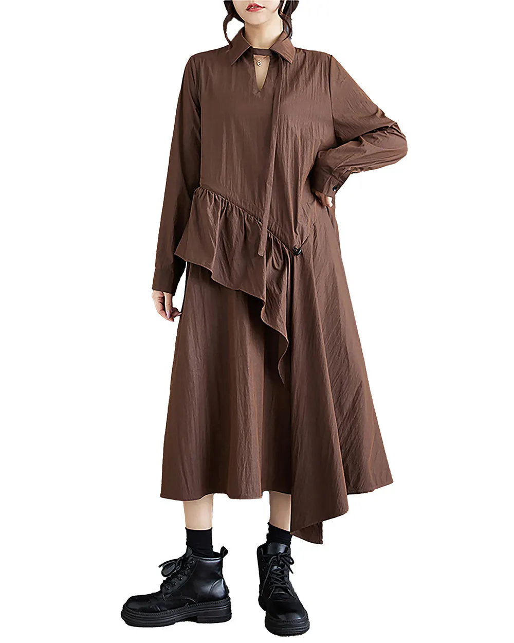 ellazhu Women's Dress Long Sleeve V-Neck Lapel Solid Flowy Hem Patchwork Drawstring Loose Oversize GZ287
