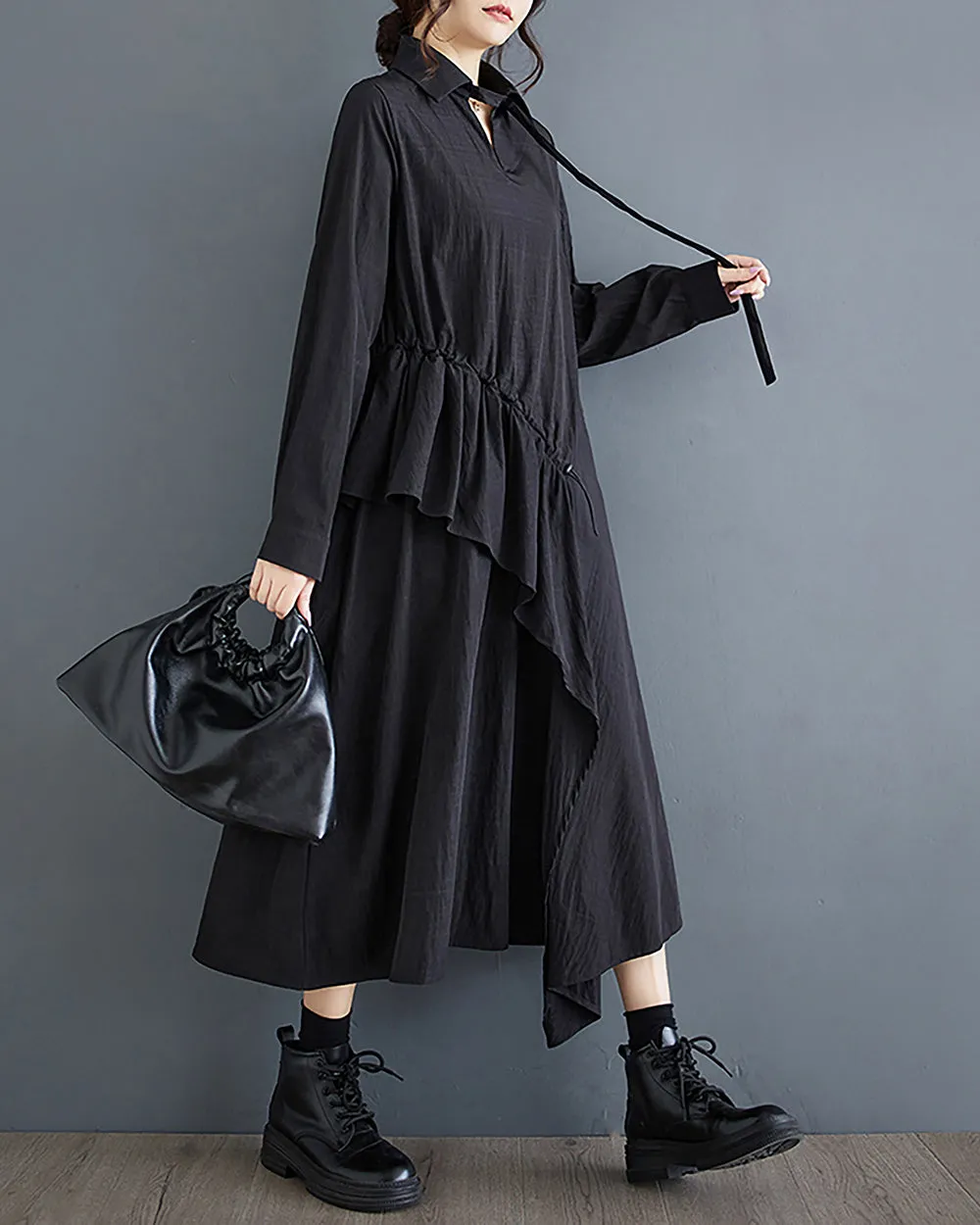 ellazhu Women's Dress Long Sleeve V-Neck Lapel Solid Flowy Hem Patchwork Drawstring Loose Oversize GZ287