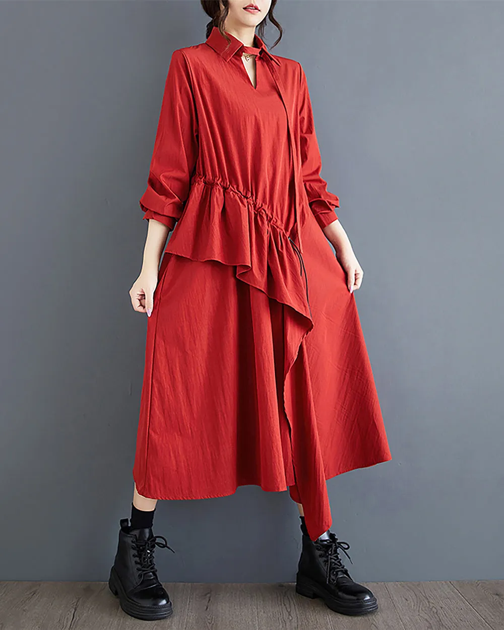ellazhu Women's Dress Long Sleeve V-Neck Lapel Solid Flowy Hem Patchwork Drawstring Loose Oversize GZ287