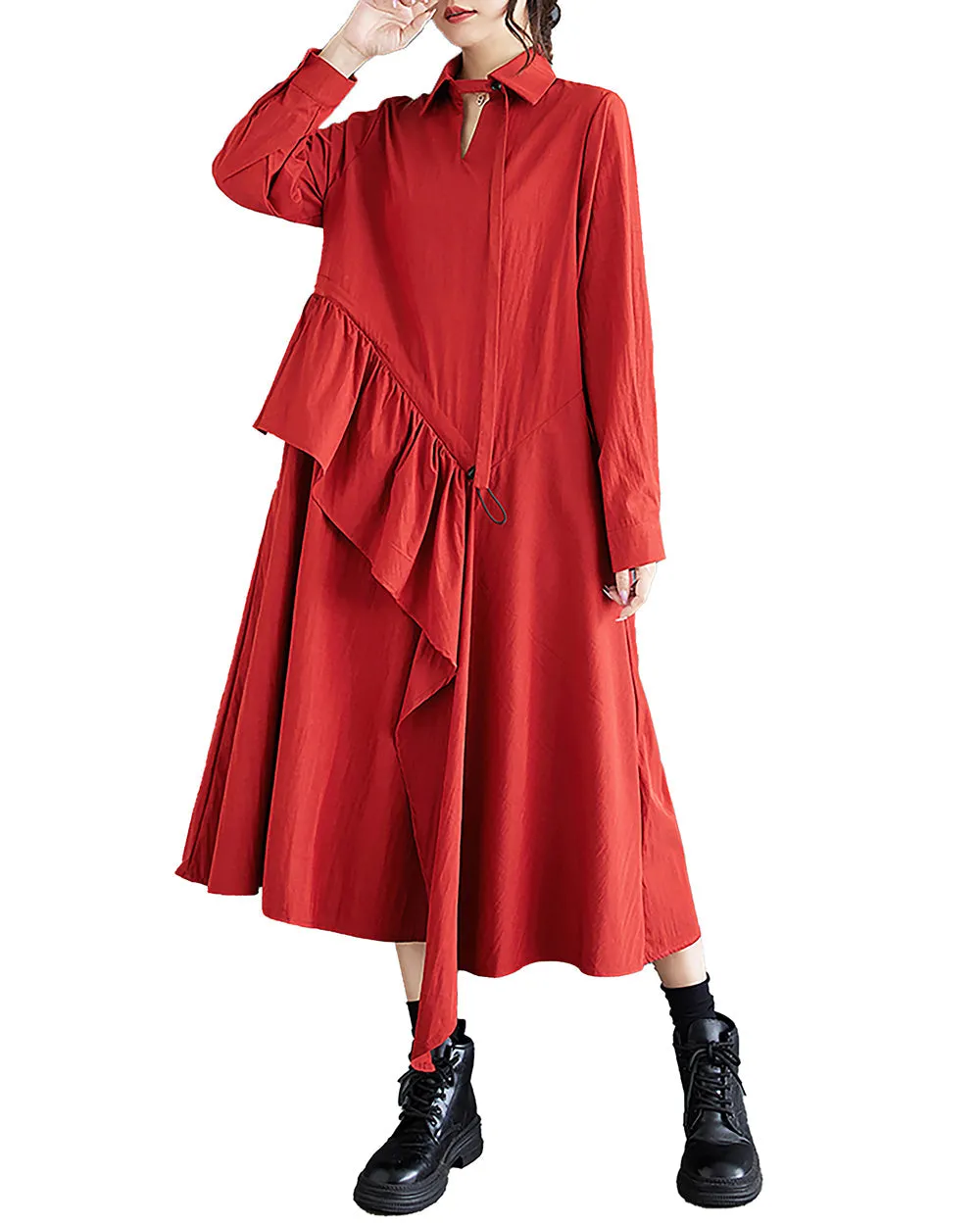 ellazhu Women's Dress Long Sleeve V-Neck Lapel Solid Flowy Hem Patchwork Drawstring Loose Oversize GZ287