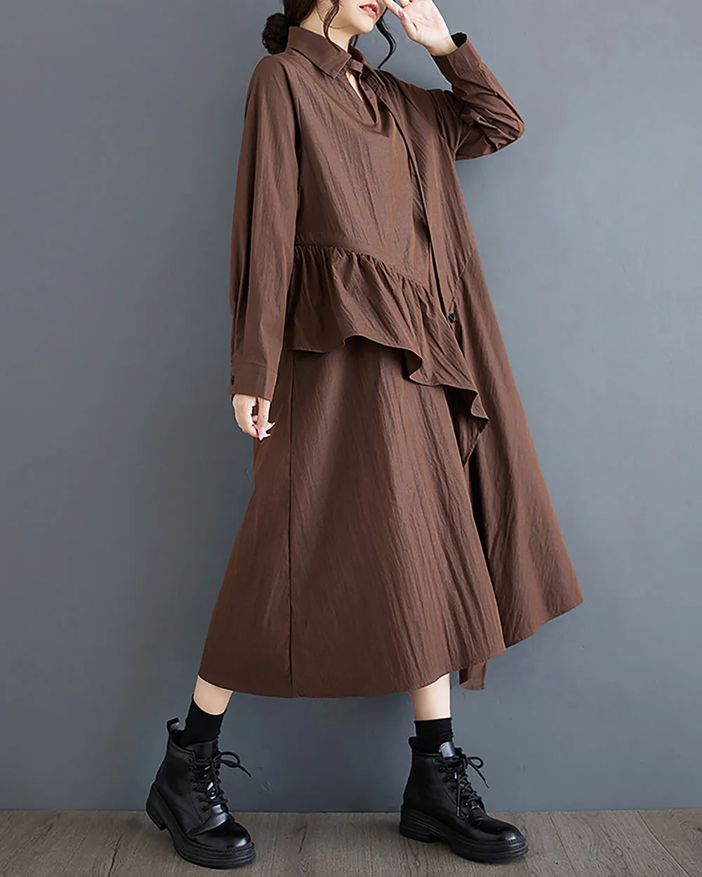 ellazhu Women's Dress Long Sleeve V-Neck Lapel Solid Flowy Hem Patchwork Drawstring Loose Oversize GZ287